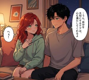 コマ9：「親密な夜の空気、レンと目を合わせやわらかく微笑む（接触はなし）」