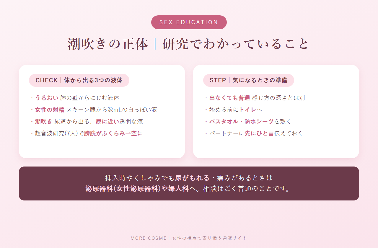 潮吹き・女性の射精・うるおいの3つの液体の違いと、気になるときの準備をまとめた図解